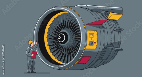 Engineer inspecting large jet engine with complex components in industrial setting