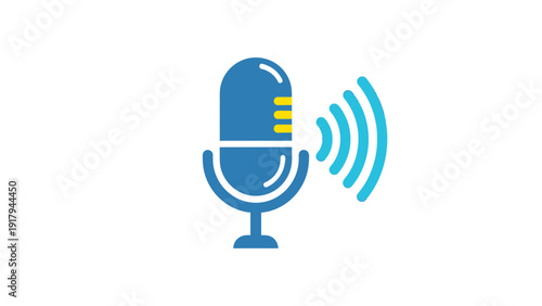 A blue and yellow microphone icon with sound waves emanating to the right