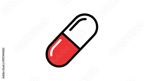 A stylized capsule, half red, half white, with a black outline, on a white backdrop