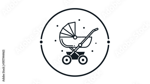 A minimalist icon of a baby stroller enclosed in a circle, with small dots around