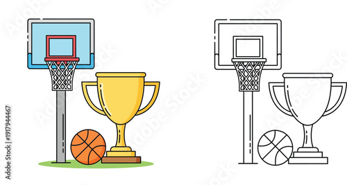 Basketball hoop backboard with ball and gold trophy cup vector illustration, sports achievement and championship concept, set of colored and line art icons for training and competition.