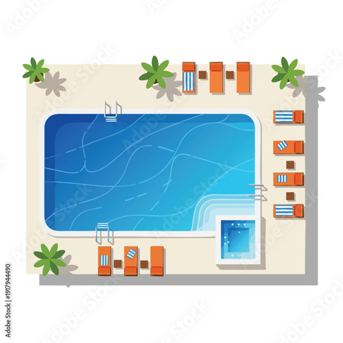 Aerial view of an outdoor swimming pool with lounge chairs and lush greenery for summer relaxation