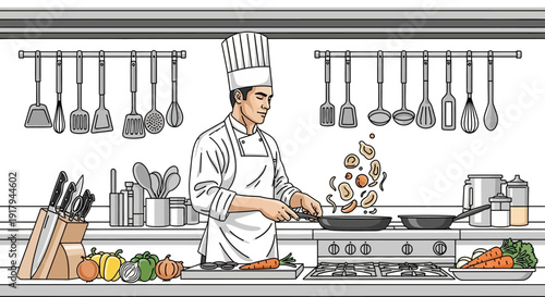 Chef cooking with various utensils and ingredients in a kitchen environment