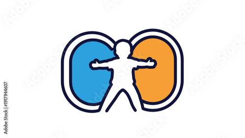 Stylized figure of person with arms outstretched inside an abstract design