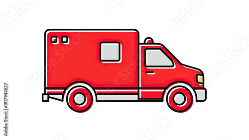 Red ambulance illustration on white. Flat design style. Side view. Cartoonish appearance