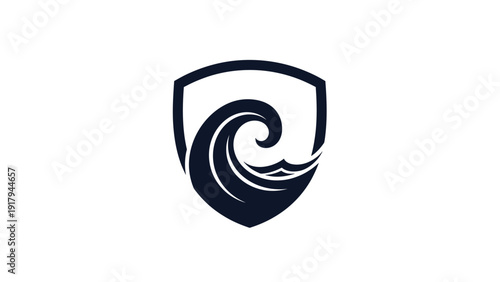 A dark blue wave graphic cresting within a shield, on a white background