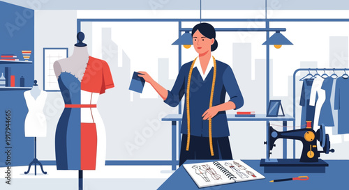 Designer examining fabric in a modern clothing workshop with mannequins and sewing equipment