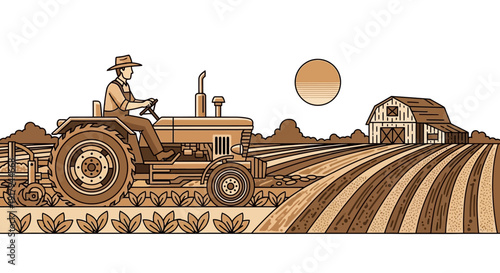 Farmer operating tractor in field with barn and sun in background