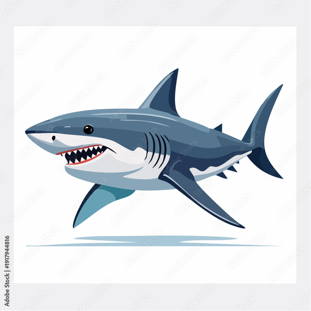 Obraz premium Vibrant illustration of a powerful ocean predator, a sleek blue shark with sharp teeth in a dynamic swimming pose, embodying the thrilling essence of marine wildlife