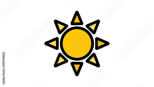 Simple graphic of a sun with a yellow circle, black outline, and yellow triangle rays