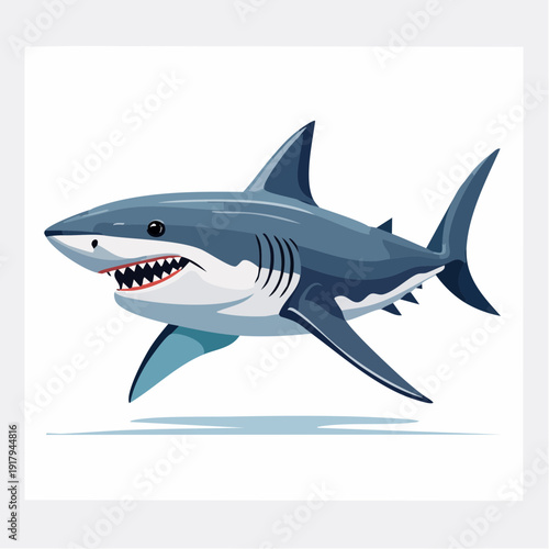 Vibrant illustration of a powerful ocean predator, a sleek blue shark with sharp teeth in a dynamic swimming pose, embodying the thrilling essence of marine wildlife