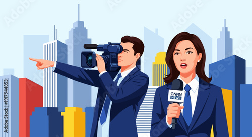 News team reporting live from cityscape with cameraman and anchorwoman in professional attire