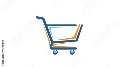 Abstract shopping cart icon in blue, orange, and teal, on a white background