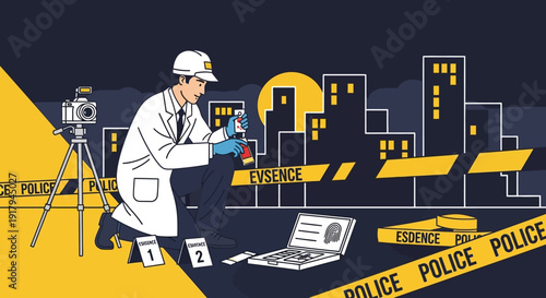 Forensic scientist investigating crime scene at night with cityscape and evidence markers