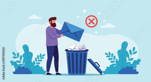 Illustration of a bearded man in a purple shirt discarding an envelope into a trash bin. A red prohibition symbol hovers above, amid abstract foliage.