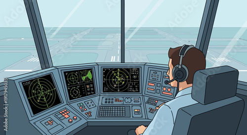 Pilot navigates aircraft from cockpit with advanced controls and navigation systems over vast ocean landscape