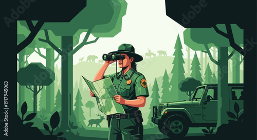 Park Ranger Observing Wildlife in Forest from a Vehicle Viewpoint