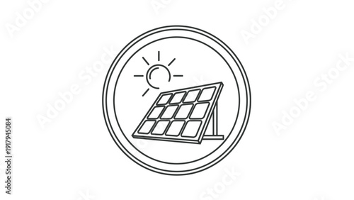 A circular outline image depicts a sun and solar panel illustration