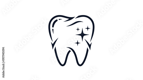 A dark blue line art image of a tooth with sparkles on a white background