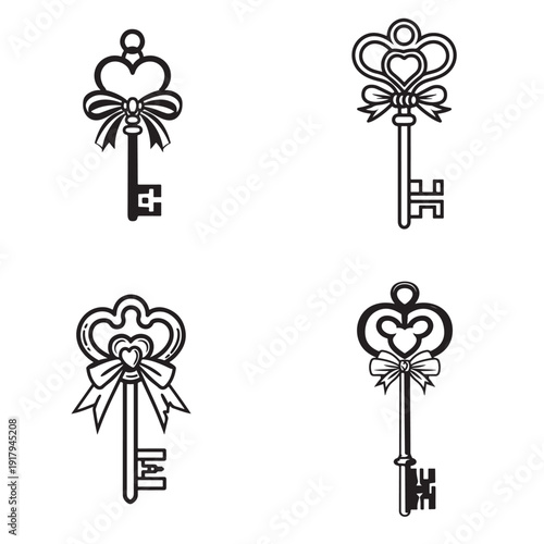 Four ornate keys with heart and bow designs