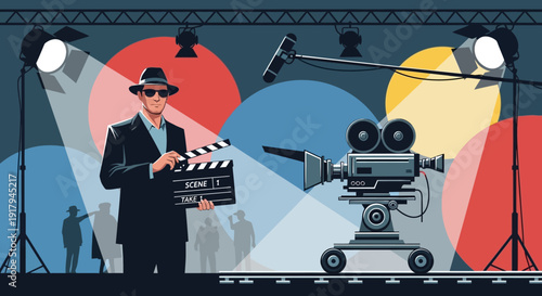 Film director holding clapperboard standing on theater stage with camera equipment