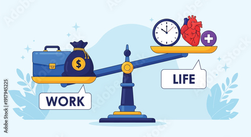 Blue seesaw balances work items on the left, like a briefcase and money bag, against life items on the right, such as a clock and heart, conveying balance.