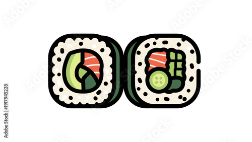 Two colorful, cartoon sushi rolls side-by-side, each featuring diverse fillings