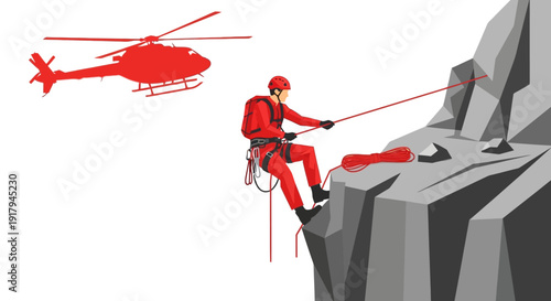 Rescue operation underway as climber rappels down cliffside with helicopter assistance nearby, viewed from side