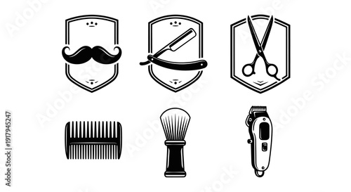 A collection of vintage barber tools and accessories, displayed on shields, showcasing grooming essentials