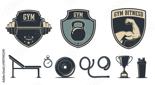 A collection of gym-themed emblems and fitness equipment including weights, kettlebell, and trophy