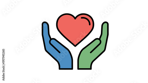 Vector illustration of hands cradling a heart symbol, rendered with colorful outline