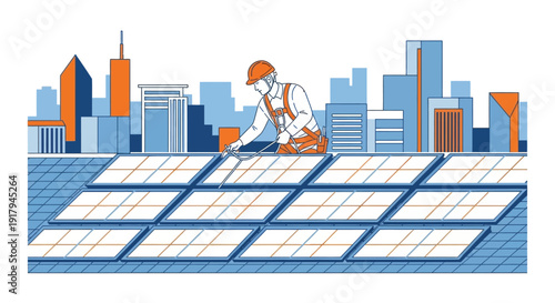 Worker installing solar panels on a city rooftop with urban skyline background