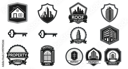 Various house and property-themed badges featuring keys, buildings, and shields in black and white