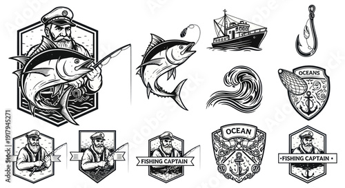Black-and-white illustrations featuring fishing captains, fish, ocean waves, and nautical elements