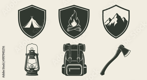 A collection of outdoor symbols including a tent, campfire, mountains, lantern, backpack, and axe