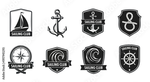A collection of monochromatic sailing club logos featuring boats, anchors, ropes, and compasses