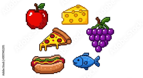 A vibrant pixel art display featuring an apple, cheese, pizza, grapes, hot dog, and fish