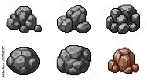 A pixel art collection showcasing six distinct rock formations in various sizes and shades