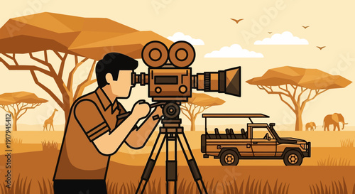 Cameraman capturing wildlife scene in savannah landscape from tripod viewpoint