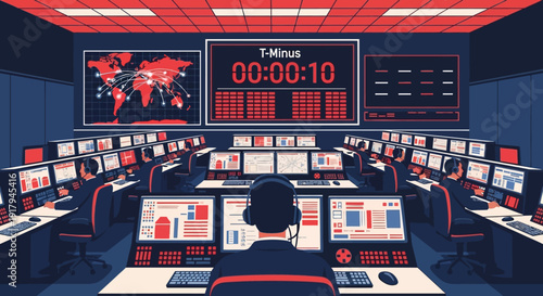 Surveillance room with multiple monitors displaying graphs and maps from a rear viewpoint.
