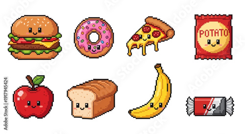 A colorful collection of cute pixelated food items including a burger, donut, pizza, and snacks