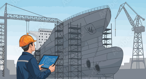 Engineer inspecting large ship hull in dry dock with cranes and scaffolding