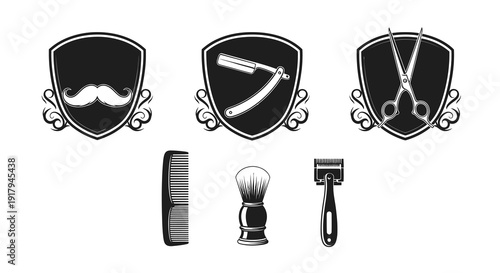A collection of vintage barber symbols, featuring mustache, razor, scissors, and grooming tools