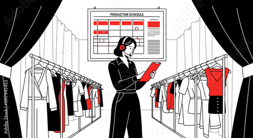 Fashion production coordinator analyzing garments on racks in a studio environment