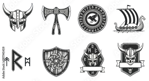 A collection of Viking-themed symbols featuring helmets, axes, shields, and a ship in monochrome