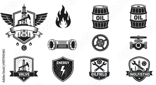 A collection of black and white oil industry icons, including barrels, valves, and energy symbols