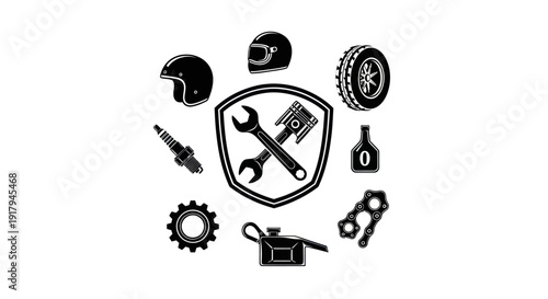A collection of automotive elements featuring helmets, tools, oils, and gears, emphasizing safety