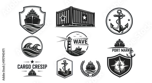 A collection of maritime-themed emblems featuring ships, anchors, waves, and cargo containers