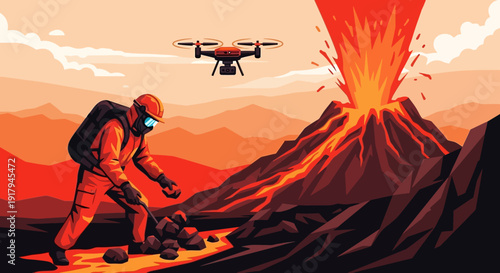 Scientist examines volcanic rocks near erupting mountain with drone flying overhead capturing the intense geological event