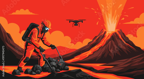 Scientist collecting volcanic samples with drone in eruption landscape
